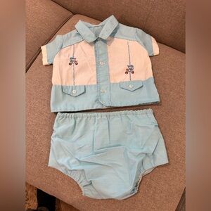 Vintage 1987 Baby Easter Outfit Set Blue Shirt Bloomers 0–6M